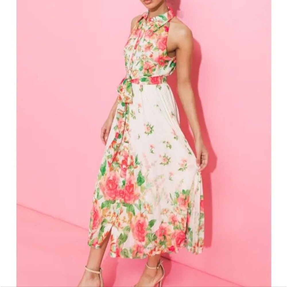 Flying Tomato Pink Green Floral Tie Belt Romantic Brunch Cute Girlie Dress Large